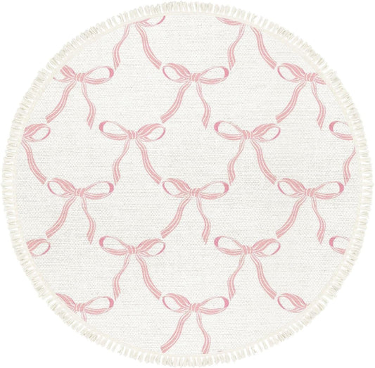 Pink Bow Rug Round Rugs Cute Coquette Pattern Seamless Pink Ribbon Bow White Boho Area Rugs Linen and Cotton Carpet Meditation Rug Washable Hallway Runner Mat for Bedroom Nursery 6ft