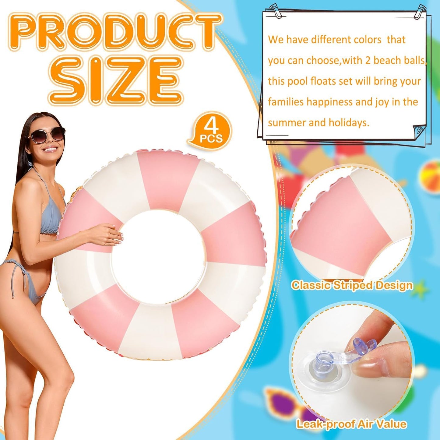 4 PCS Striped Inflatable Pool Floats for Swimming Pool Party Lake Beach Adults - Floaties Pool Tubes Swim Rings Tubes Floaties for Beach Pool Party Decorations