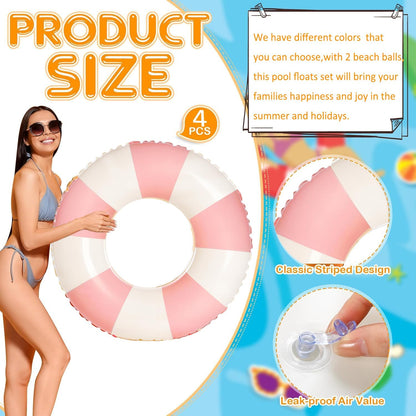 4 PCS Striped Inflatable Pool Floats for Swimming Pool Party Lake Beach Adults - Floaties Pool Tubes Swim Rings Tubes Floaties for Beach Pool Party Decorations