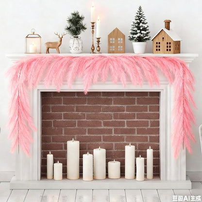 2 Pcs 12 Ft Christmas Tree Garland Decoration Pink Pampas Grass Garland Artificial Faux Fabric Feathers Wreath for Mantle Xmas Tree Home Farmhouse Christmas Holiday Party Supplies