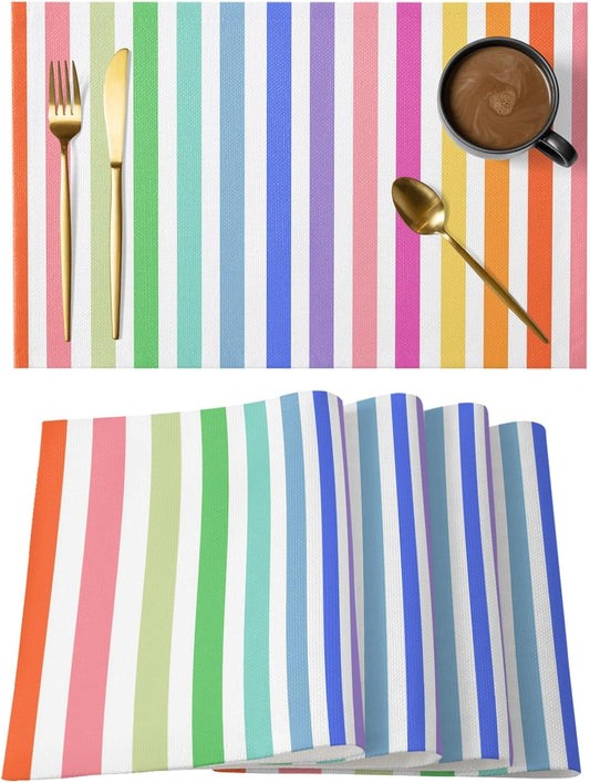 Colorful Striped Placemats Set of 12, Cotton Linen Fabric Place Mats, Modern Art Stripes Pink Orange Blue Washable Decorative Table Mats Protector for Home Kitchen Dining Wedding Party Coffee Tables