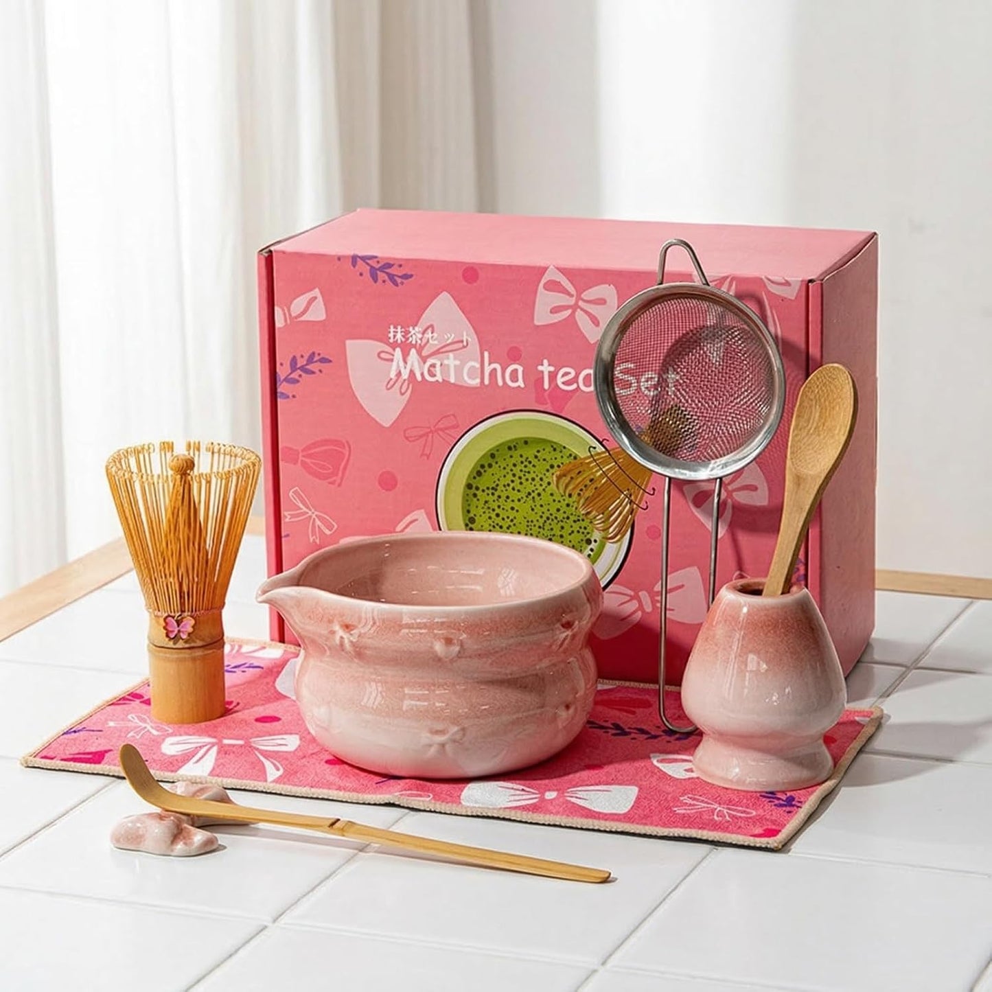 Matcha Whisk Set, 8 Pcs Japanese Ceremony Matcha Tea Powder Making Tools with Pink Bowknot Ceramic Bowl, Bamboo Whisk and Holder, Scoop, Strainer, Ideal for Mat-cha Lovers