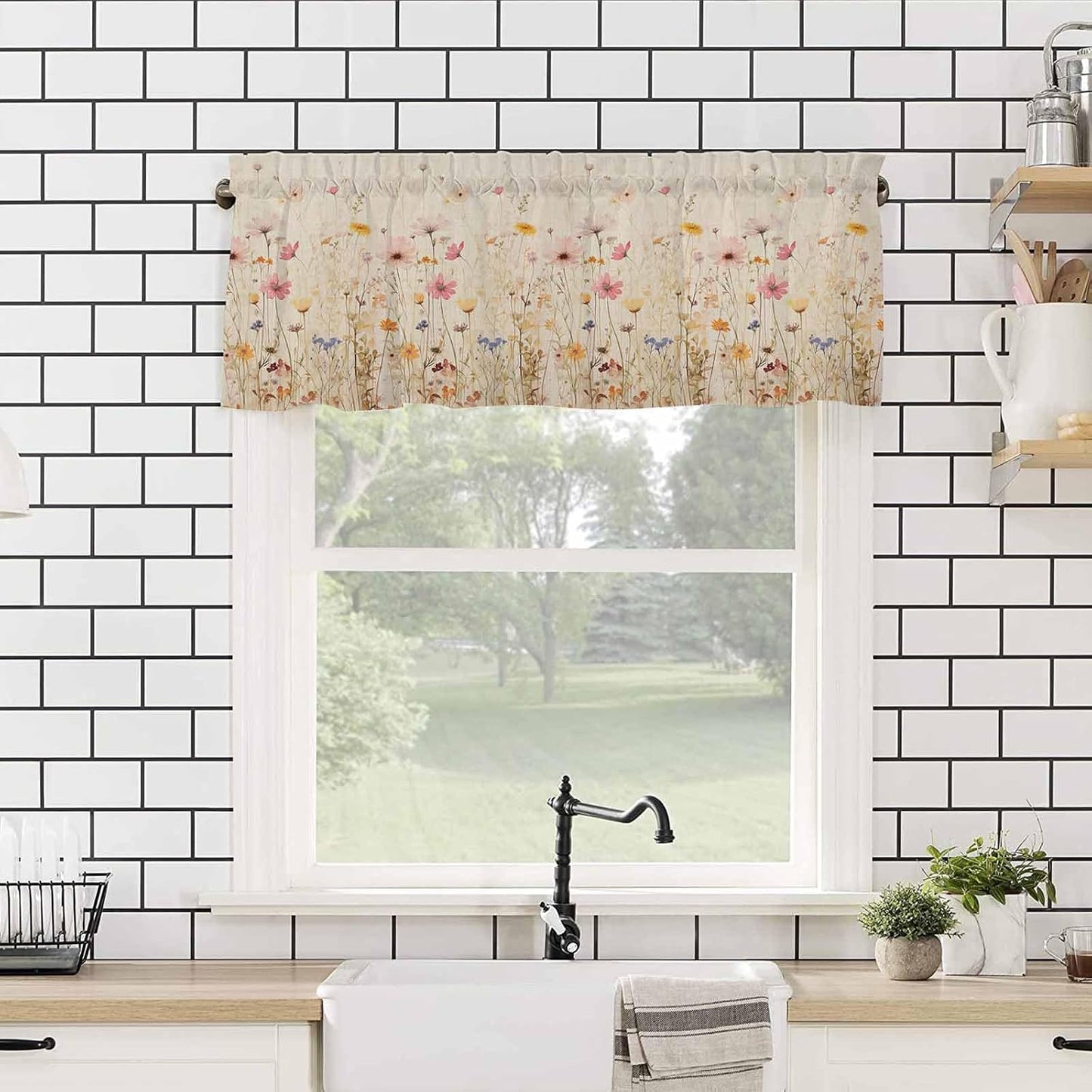 Yellow Pink Floral Valances Window Treatment Farmhouse Decor, Elegant Pastoral Spring Flower Pastoral Rod Pocket Valance Curtains for Living Room, Bedroom, Kitchen, 54" W x 18" L - 1 Panel