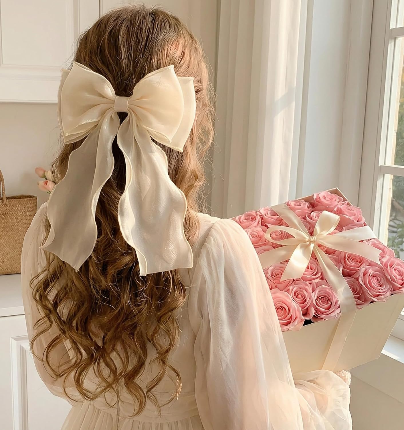 2PCS Light Pink Hair Bow, Pink Bow for Hair with Long Ribbon Tail, 20cm/7.87inches Hair Clips for Women & Girls