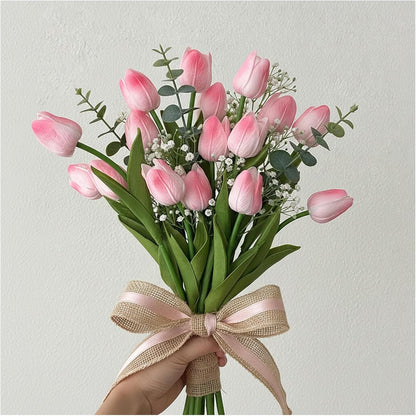 18pcs Artificial Tulips 13" PU Artificial Flowers for Family Friends Gifts DIY Flower Arrangement Home Kitchen Office Party Wedding Dining Table Decoration, Light Pink