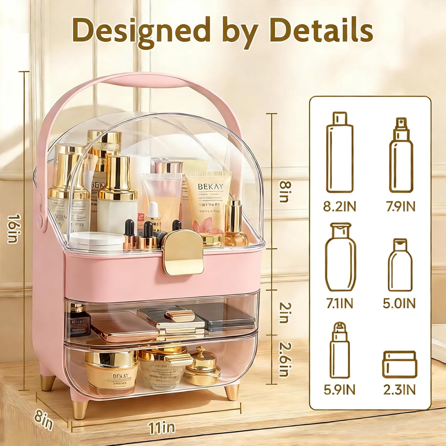 Makeup Organizer with 360 Rotating Brush Holder, Large Skincare Organizer for Vanity, Dustproof Cosmetic Display Case with 2 Drawers for Bathroom Countertop, 16" Tall Portable Beauty Storage,pink