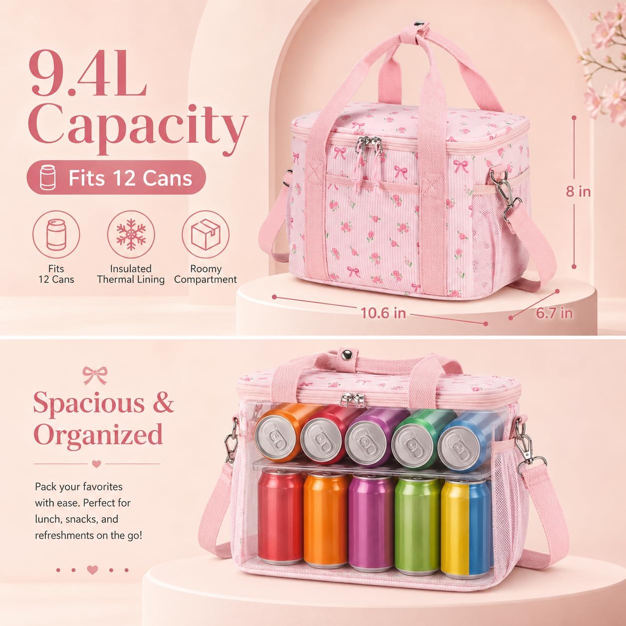 BTOOP Insulated Lunch Bag for Women Adult, Cute Lunch Box Cooler with Large Capacity, Leak-Proof Adjustable Strap Lunch Tote (Bow-Floral Pink-1, Medium)