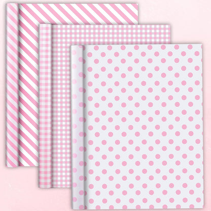 woric Pink Wrapping Paper - Mini Roll - Birthday Wrapping Paper Girls | Wrapping Paper with Gingham Stripe Polka Dot for Women Birthday Baby Shower Girl Wedding - 17 In x 120 In Per Roll