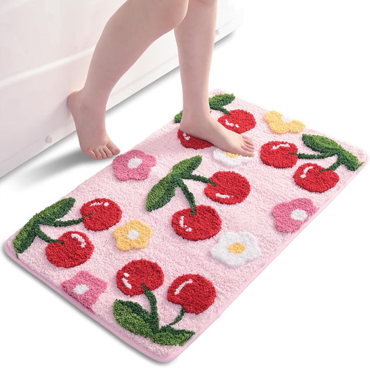 Anybar Pink Bathroom Rugs Cute Cherry Bath Mat Coloful Bathroom Accessories, Funny Flower Rug Non Slip Floor Mat, Machine Washable Bath Rug Soft Microfiber Carpet for Shower, Tub (18x26 inch)