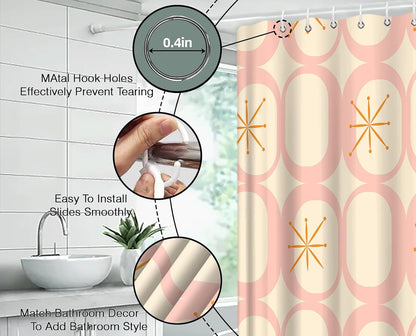 Mid Century Shower Curtain Modern Abstract Atomic Round Squares Retro 50s Geometric Bathroom Decor Polyester Curtains with Hooks