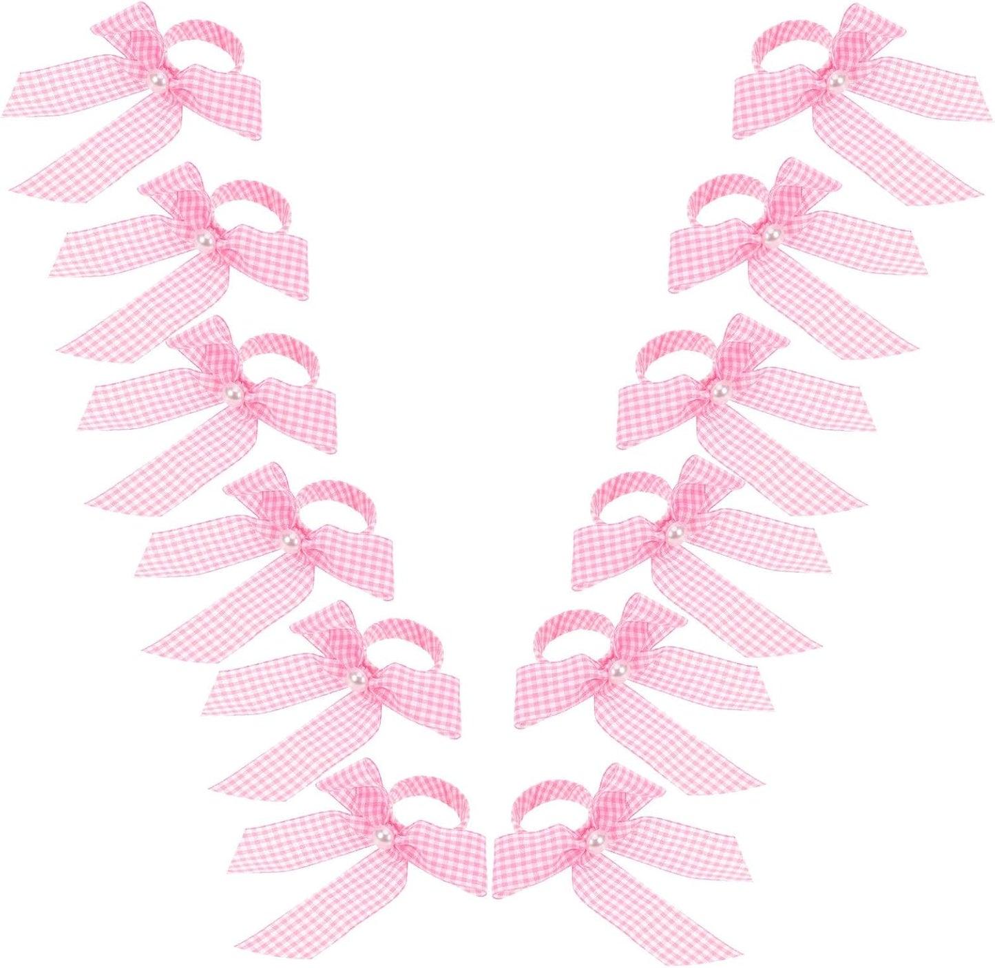 DECHOUS 12pcs Pink Ribbon Napkin Rings with Bowknot, Gingham Table Setting Rings for Shower and Wedding Party Decorations