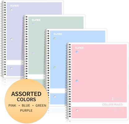 SUNEE Spiral Notebooks College Ruled, 1-Subject, 4 Pack, 8 x 10-1/2 in, 70 Sheets, 3-Hole Punched 70gsm Paper, Pastel Pink, Purple, Blue, Green for School, Home & Office, Writing Journal