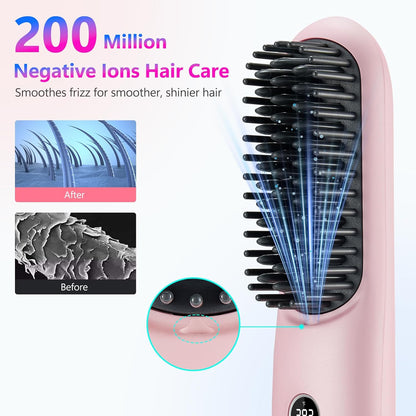 STUDLLY LCD Screen Cordless Hair Straightener and Curler 2 in 1, Rechargeable Portable Mini Travel Negative Ionic Hair Straightening Brush for Women, Fast Heating Hot Comb for Women, Pink