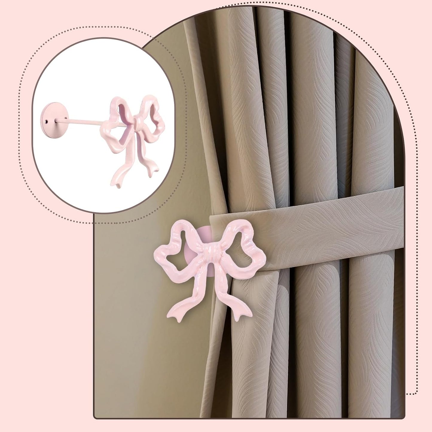 Whaline 2Pcs Valentine' s Day Pink Bow Curtain Holdbacks Wall Mounted Bow Knot Curtain Hold Backs Coquette Metal Holders for Home Office Living Room Bedroom Decor