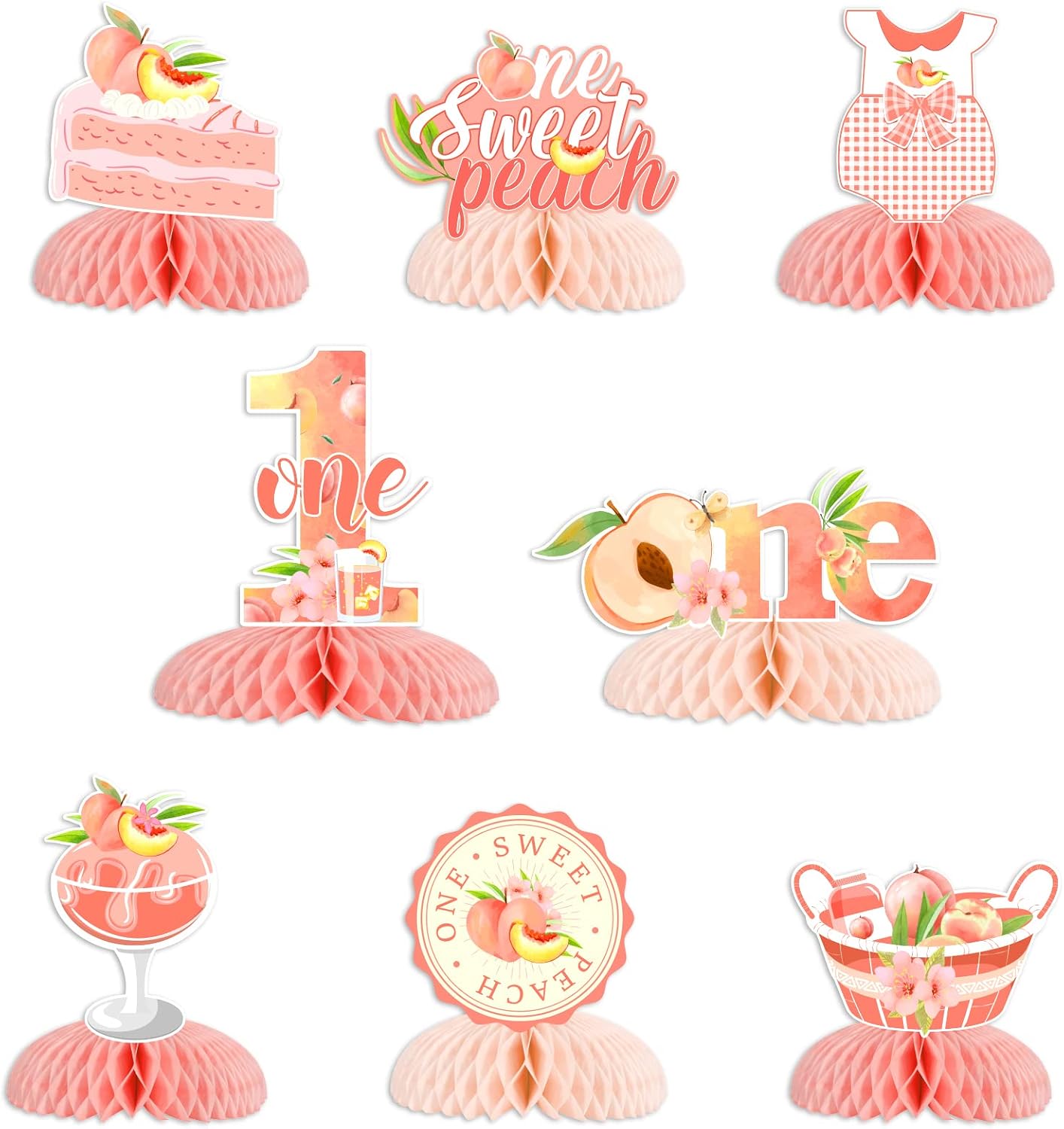 Peach Honeycomb Centerpieces Decorations - Peach First Birthday Decorations Girl, Double-Sided Printing One Sweet Peach Honeycomb Centerpiece for Fruit Themed Birthday Party