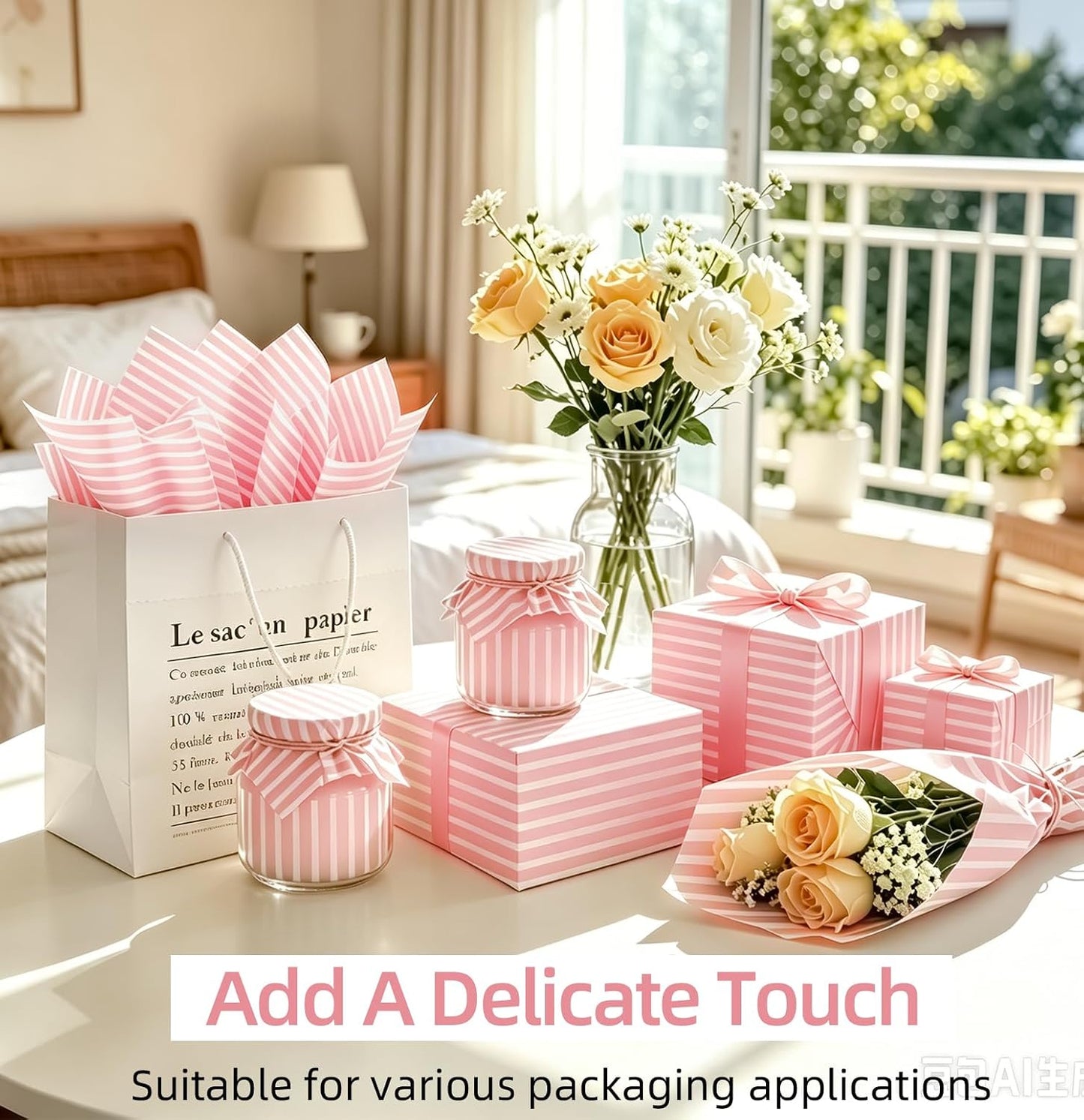 MUNILAIL 100 Sheets Light Pink Striped Tissue Paper 14 x 20 Inches Pink and White Tissue Paper Striped Gift Wrapping Paper for Birthday Wedding Baby Shower Gift Packing DIY Crafts