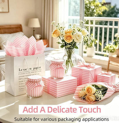 MUNILAIL 100 Sheets Light Pink Striped Tissue Paper 14 x 20 Inches Pink and White Tissue Paper Striped Gift Wrapping Paper for Birthday Wedding Baby Shower Gift Packing DIY Crafts