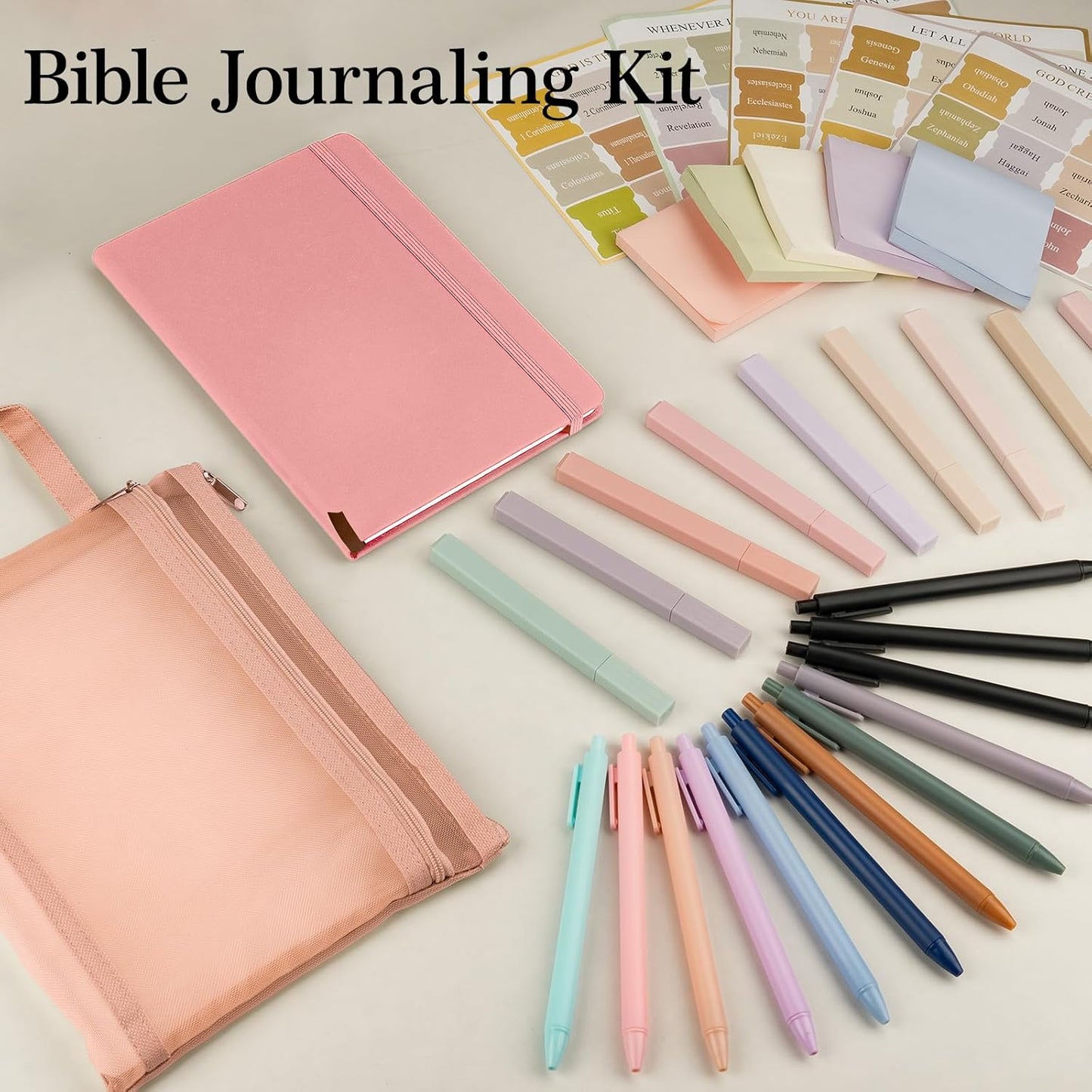 Bible Study Supplies,Bible Journaling Kit,Bible Study Kit with Journal,12 No Bleed Highlighters,12 Gel Pens,75 Tabs, 400 Sticky Notes,Christian Gifts for Women Men (Pink)