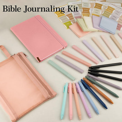 Bible Study Supplies,Bible Journaling Kit,Bible Study Kit with Journal,12 No Bleed Highlighters,12 Gel Pens,75 Tabs, 400 Sticky Notes,Christian Gifts for Women Men (Pink)