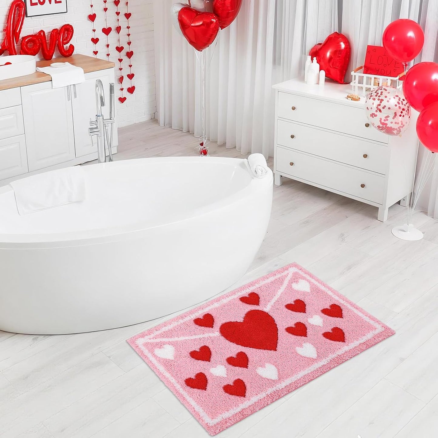 Lyrow Envelope Red Heart Tufted Bath Mat 17"x 29" Absorbent Love Heart Rug Red Pink White Non Slip Bath Rug Washable Front Door Mat for Wedding Home Bedroom Bathroom Decor