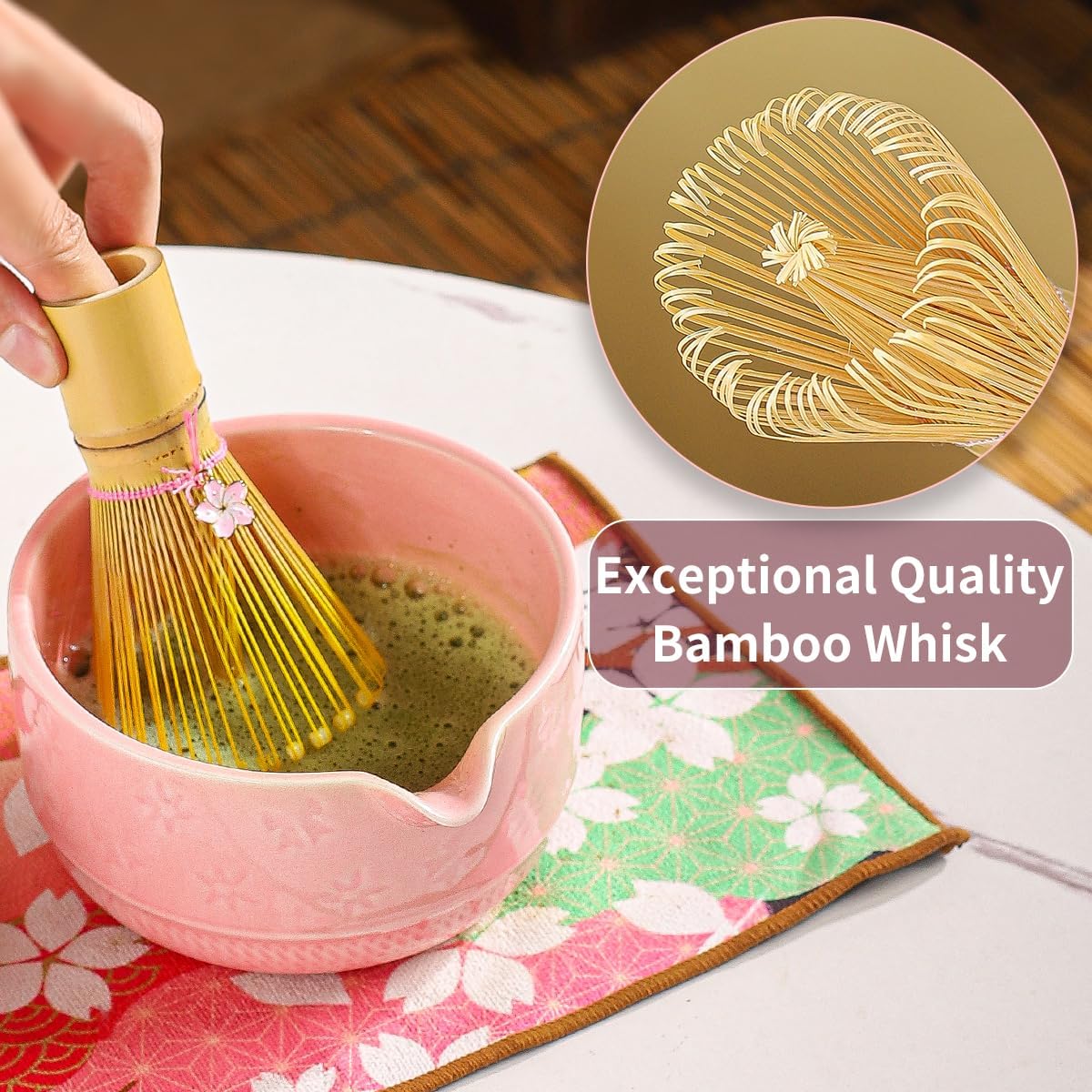 8-Piece Matcha Tea Set with Ceramic Bowls (Flower Pattern), Bamboo Whisk, Scoop, Spoon & Pink Sakura Gift Box – Traditional Japanese Matcha Whisking Kit for Tea Lovers (pink)