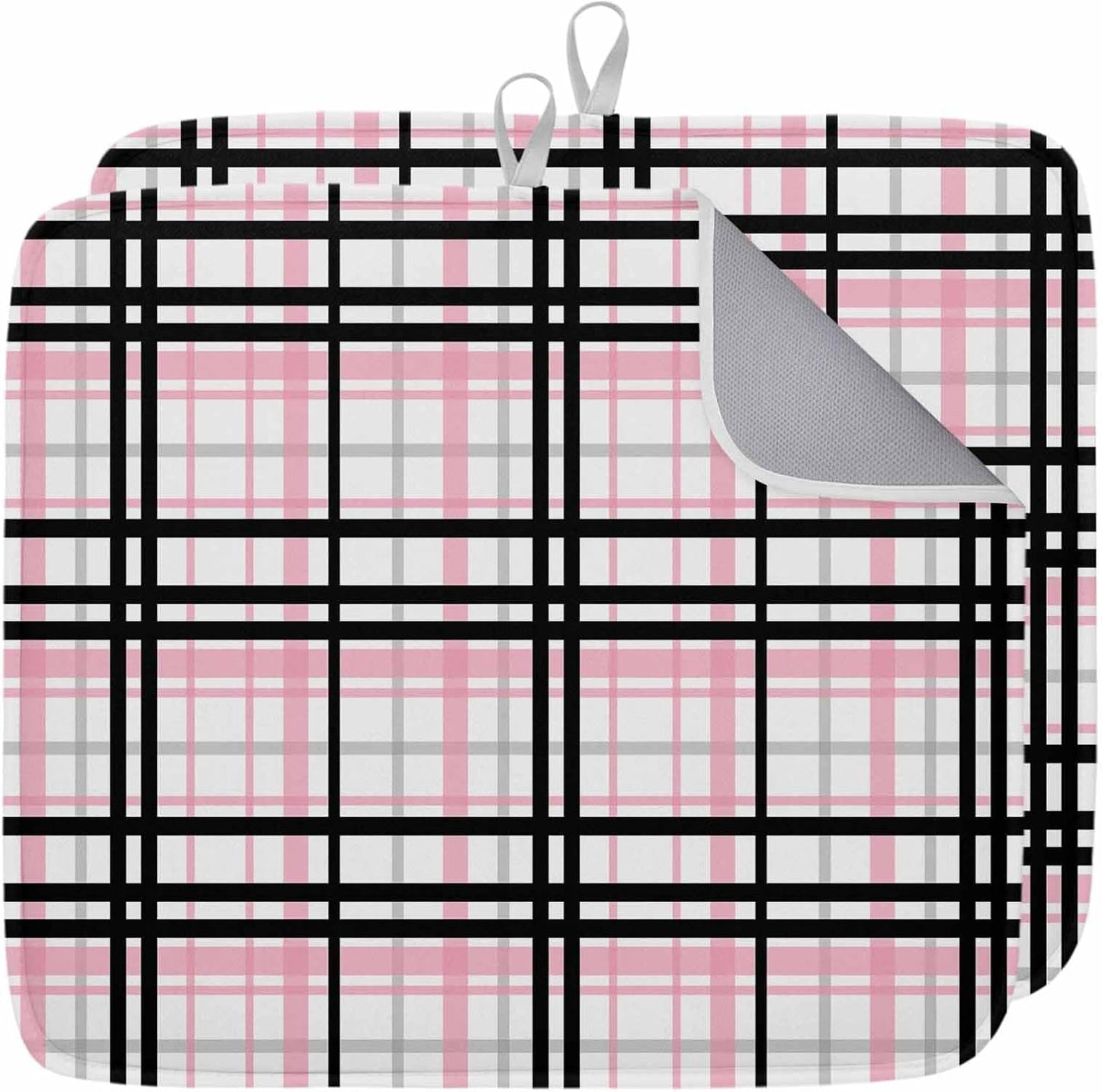 Dish Drying Mat Pink Buffalo Plaid Kitchen Counter Drying Pad for Dishes Glasses Cups and Cookware Black Check Stripe Absorbent Dish Drying Mat Machine Washable Kitchen Accessories 2 Pack 16" x 18"