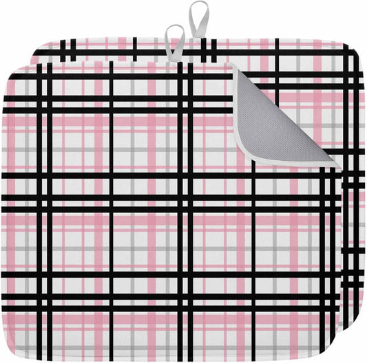 Dish Drying Mat Pink Buffalo Plaid Kitchen Counter Drying Pad for Dishes Glasses Cups and Cookware Black Check Stripe Absorbent Dish Drying Mat Machine Washable Kitchen Accessories 2 Pack 16" x 18"