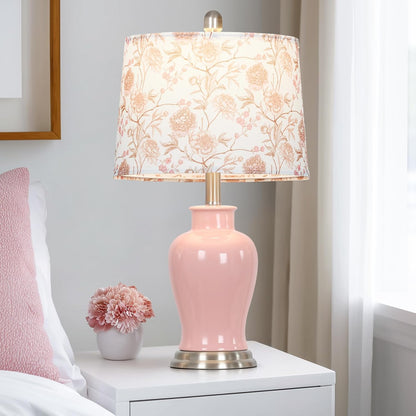 Ruzectt Pink Ceramic Table Lamp with Flower Lampshade, 23" Cute Bedroom Lamp with Ginger Jar Design, Modern Living Room Lamps Set 2, Elegant Bedside Lamps for Nightstand End Table Home Decor