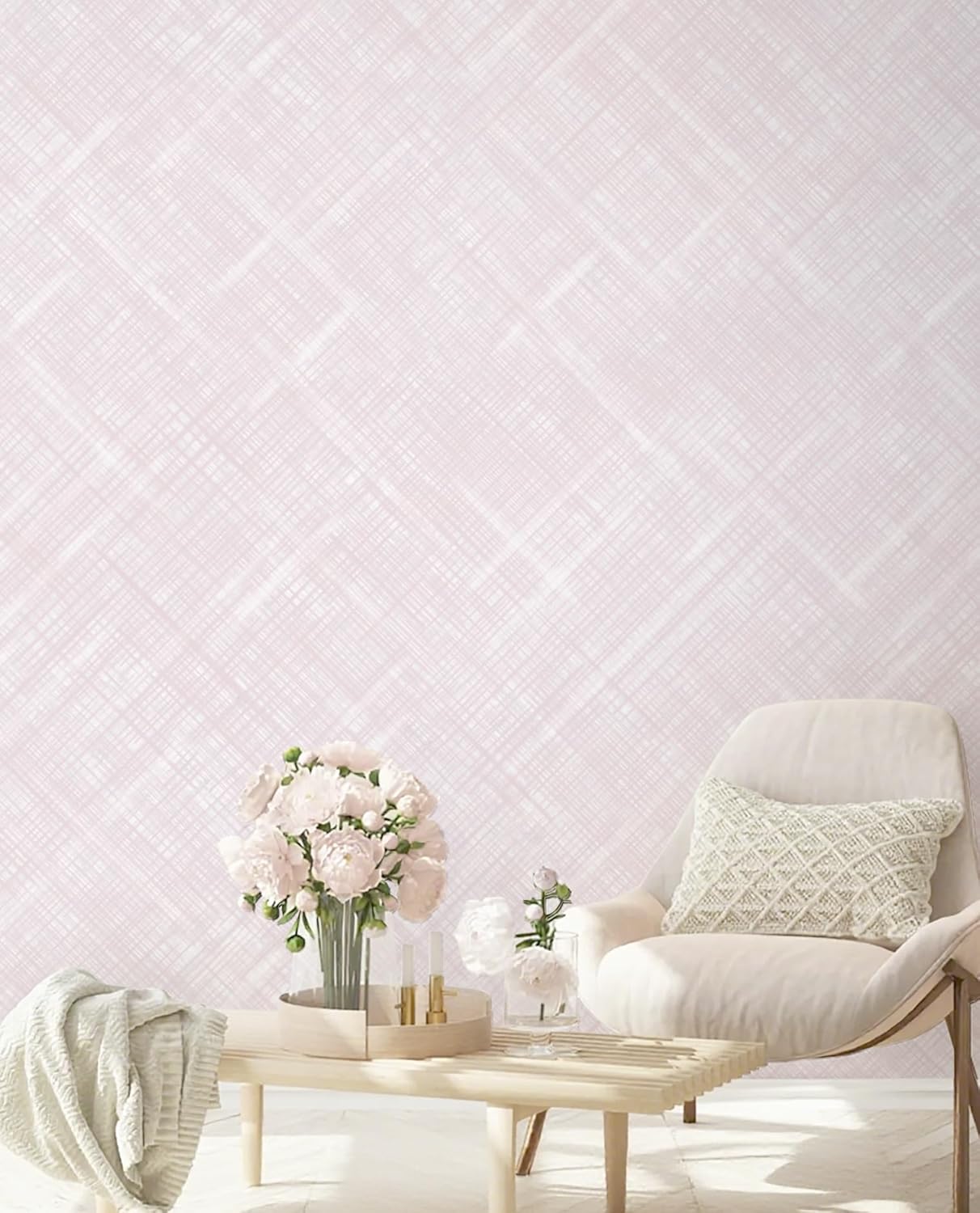 Toduso Pink Peel and Stick Wallpaper Modern Removable Wallpaper Girls Room Boho Wall Paper Waterproof Self-Adhesive Diagonal Line Contact Paper for Bedroom Bathroom Cabinets Decor Vinyl 17.3"x196.8"