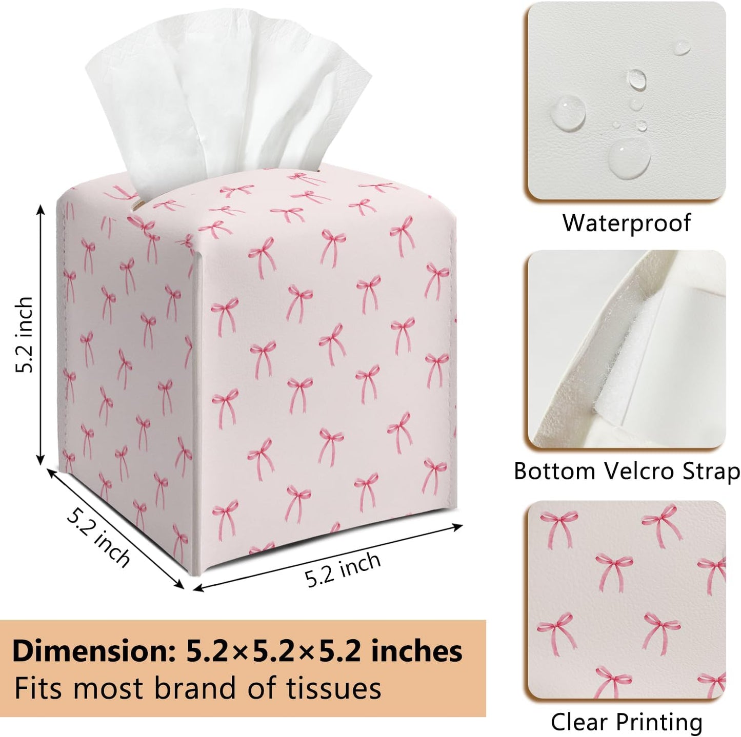 Pink Bow Leather Tissue Box Cover Square Cute Decorative Tissue Holder for Bathroom Home Office Gifts for Women Sister Friend Bestie Daughter Housewarming Christmas Birthday Gifts - DH548