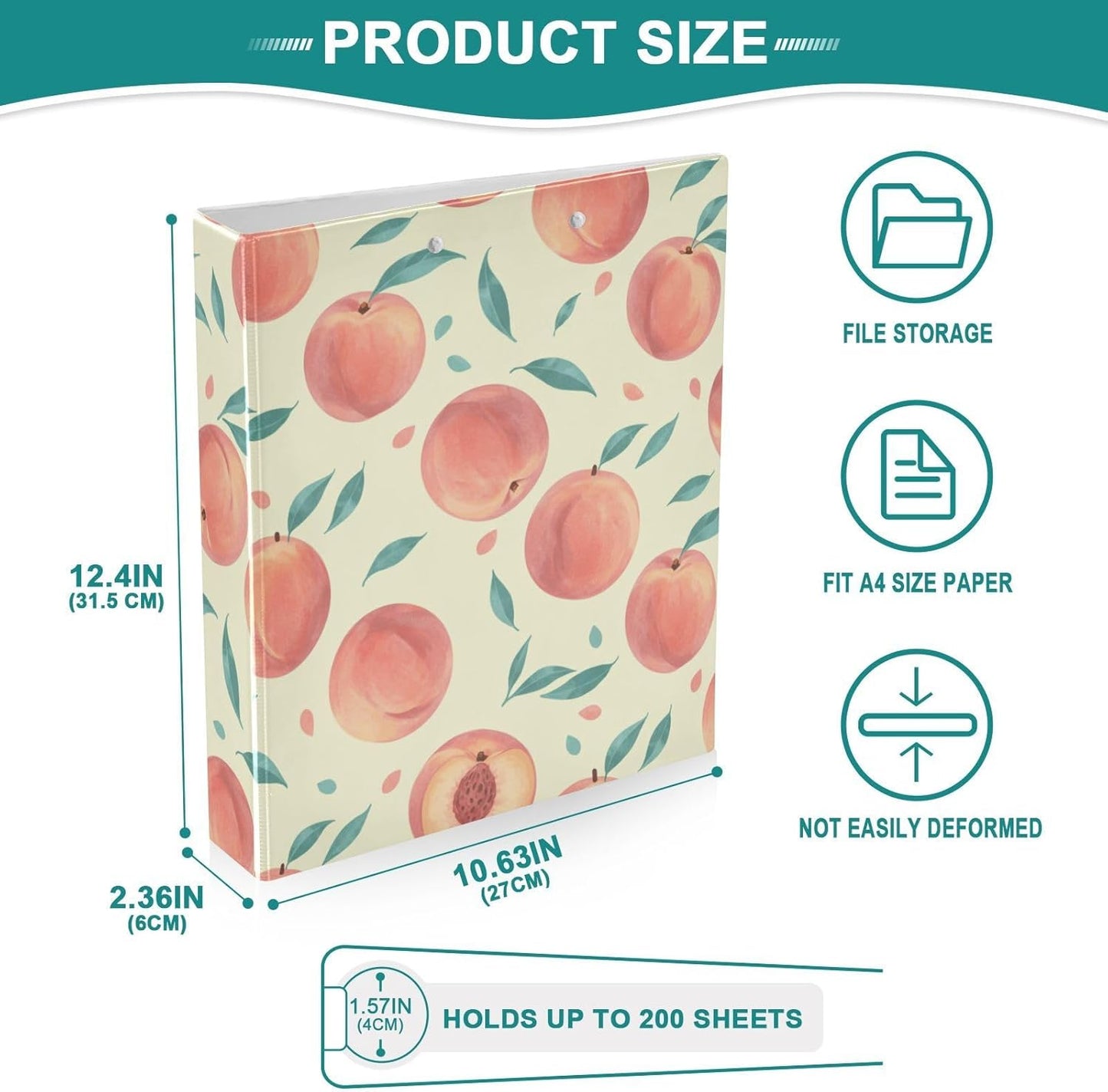 3 Ring Binder Pastel Color Peach Fruit 1.5 inch Binders Three Ring Binders with Clipboard Fit 8.5'' x 11'' Paper 3 Interior PVC Clear Pockets for Office Supplies