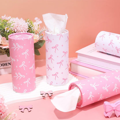 FYSUIMU 8Pcs Pink Bow Car Tissue Holder with Facial Tissue Aesthetic Pink White Bowknot Round Tissue Tubes for Travel Car Cup Holder Home