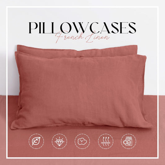 Linen World Linen Pillow Cases Set of 2,20"x30" Standard/Queen Size,100% French Natural Flax Soft Pillowcases,Clay Pink