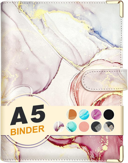 A5 Refillable 6 Ring Faux Leather Budget Binder,Mini Notebook Binder Cover for A5 Filler Paper,Loose Leaf Personal Planner Cover with Magnetic Buckle Closure(Marble Pink)
