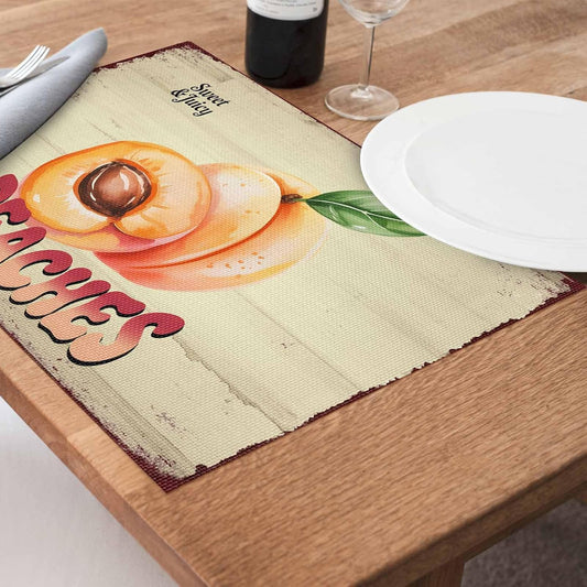 Pink Peaches Placemats Set of 4, Washable PVC Kitchen Table Mats Place Mats, Vintage Farmhouse Botanical Fruit Leaves Woven Vinyl Placemat for Dining Table, 13" x 19"