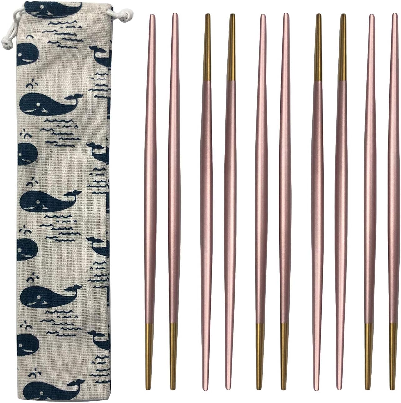 5 Pairs Stainless Steel 8.6 Inches Pink Chopsticks,Reusable Premium Non Slip Lightweight Multicolor Eco-Friendly Metal Chop Sticks With Portable Bag, Round Handle, For Gift Camping Home