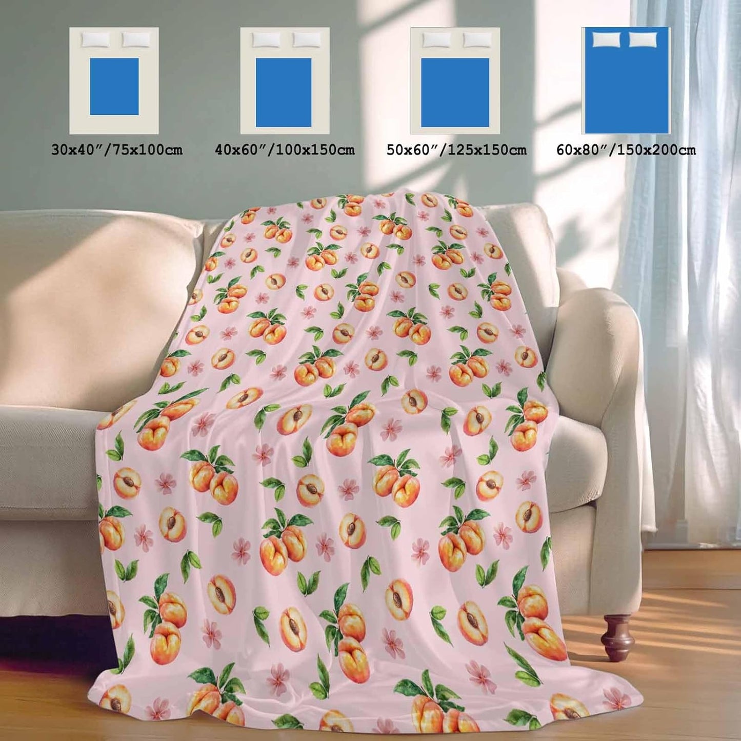 Peaches Cooling Blankets for Hot Sleepers Summer Fruit Flowers Pink Cool Throw Blanket, Lightweight Ice Blanket 30" x 40" Summer Cold Blankets for Night Sweats