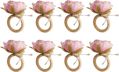 Flower Napkin Rings Set of 8,Pink Peony Flower Handmade Napkin Holder Rings Table Decorations for Wedding,Fall,Daily Party,Picnics,Banquet,Luncheons,Birthday,Christmas,Valentine's,Thanksgiving