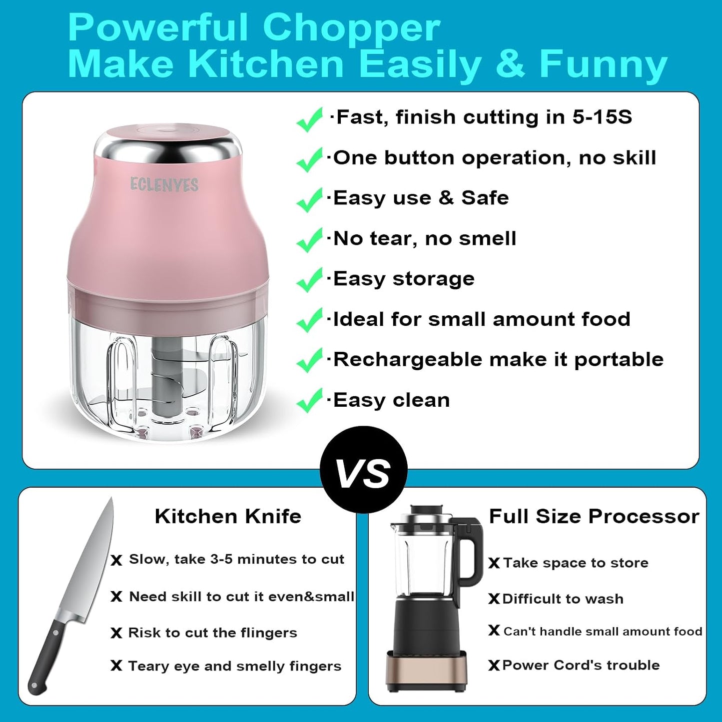 Vegetable Chopper, Electric Garlic Chopper, 250ML USB Rechargeable Mini Blender, Powerful Small Food Processor, Blender to Vegetable, Wireless Food Cutter for Ginger, Chili, Fruit, Meat, etc（Pink）
