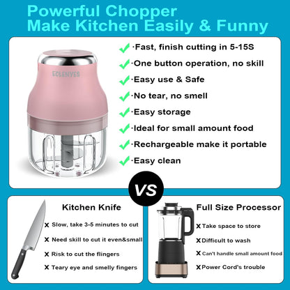Vegetable Chopper, Electric Garlic Chopper, 250ML USB Rechargeable Mini Blender, Powerful Small Food Processor, Blender to Vegetable, Wireless Food Cutter for Ginger, Chili, Fruit, Meat, etc（Pink）