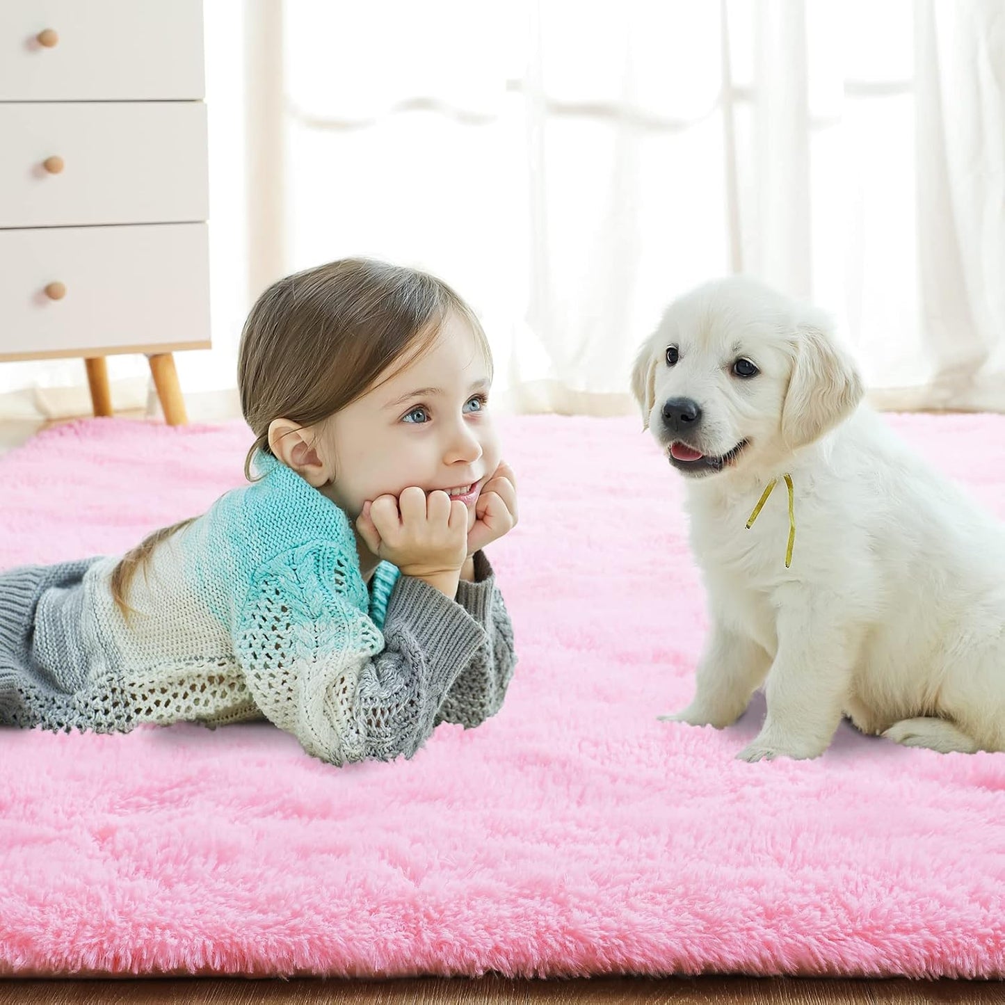 Softlife Light Pink Area Rug for Bedroom, Fluffy Shag Plush Rugs for Living Room Girls, Shaggy Throw Soft Fuzzy Small Kids Carpet for Dorm Bedside Ultra Cozy Non-Slip Indoor Decor, 4x5.3 Feet