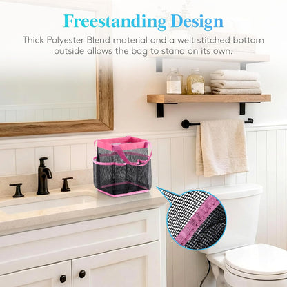 Lifewit Mesh Shower Caddy Portable for College Dorm Room Essentials with 7 Pockets, Freestanding Hanging Organizer Basket, Quick Dry Tote Bag for Camping, Bathroom, Beach, Travel, 1 Pack, Pink