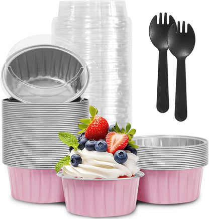 Mother's Day 50Pcs Mini Aluminum Foil Cupcake,5oz Baking Cups with Lids,Mini Cake Pans Disposable,Loaf Pans with Lids,Disposable Ramekins,Tin Cups Containers for Cupcake,Pudding,Muffin (50, Pink)