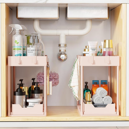 Simple Trending Under Sink Organizer 2 Pack, Sink Pull-Out Sliding Storage Cabinet, 2-Tier Under Shelf Organizer for Kitchen Bathroom, Pink