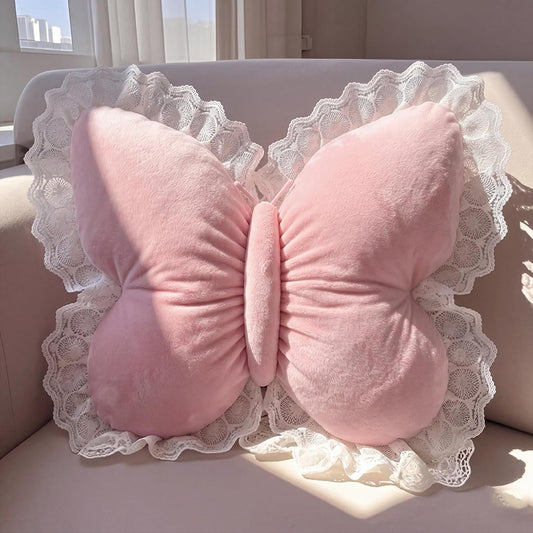 PEACH CAT Butterfly Pillow with Lace Trim Decorative Butterfly Shaped Throw Pillows 16" x 16" Soft Plush Cushion Decor for Bedroom Living Room Sofa Couch Pink