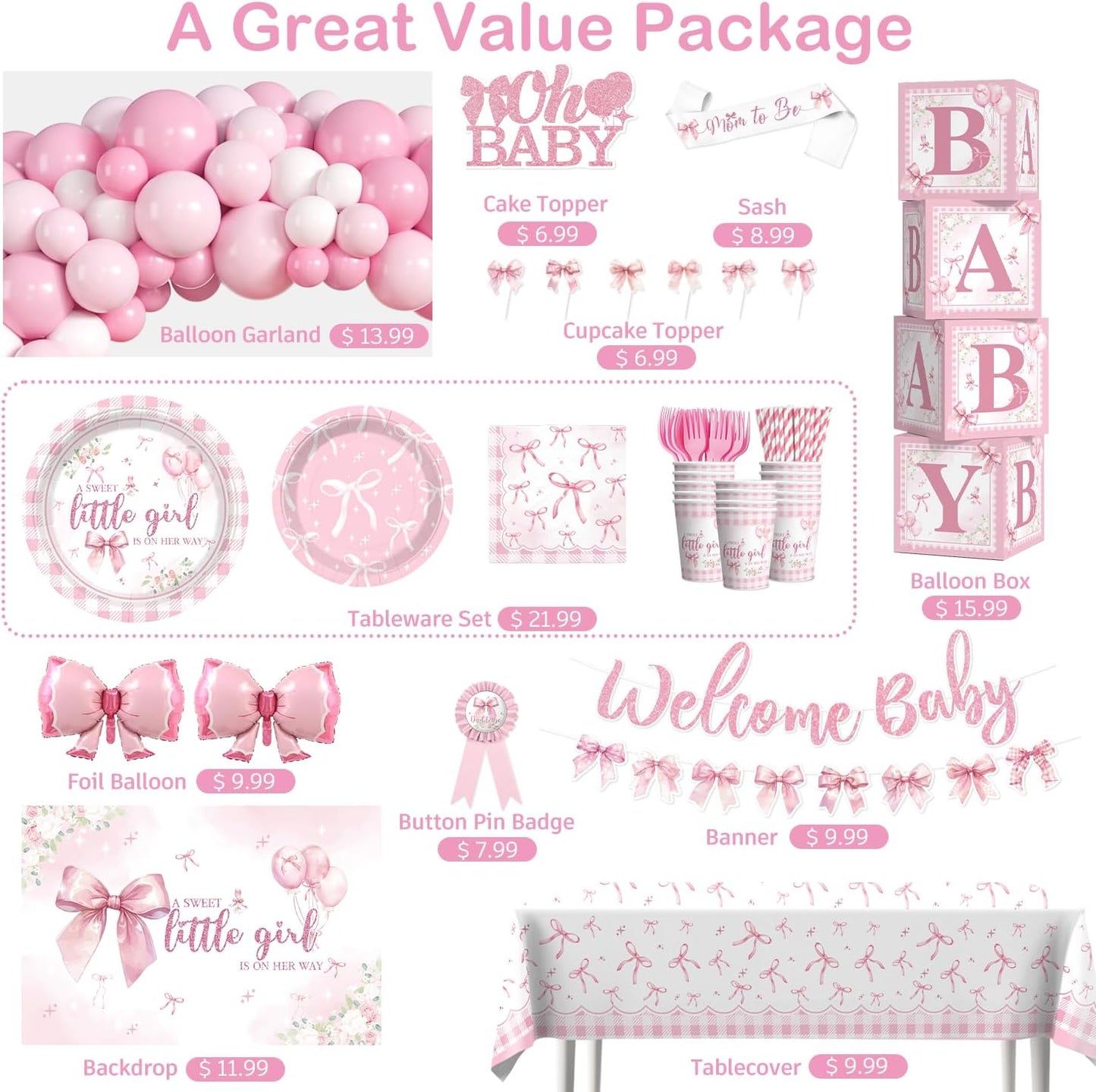 cocomigo 274 Pcs Pink Bow Baby Shower Decorations, All-in-One Party Pack for 20 Guests, Includes Tableware, Backdrop, Banner, Balloons and More for Girl Baby Shower