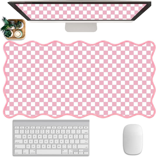 Scalloped Desk Mat Extended Large Cute Pastel Pink Mouse Pad Farmhouse Cozy Cottagecore Gingham Desk Pad Aesthetic Plaid Mousepad Checkered Gaming Mouse Pad Computer Keyboard Pad Girly 31.5X15.7Inch
