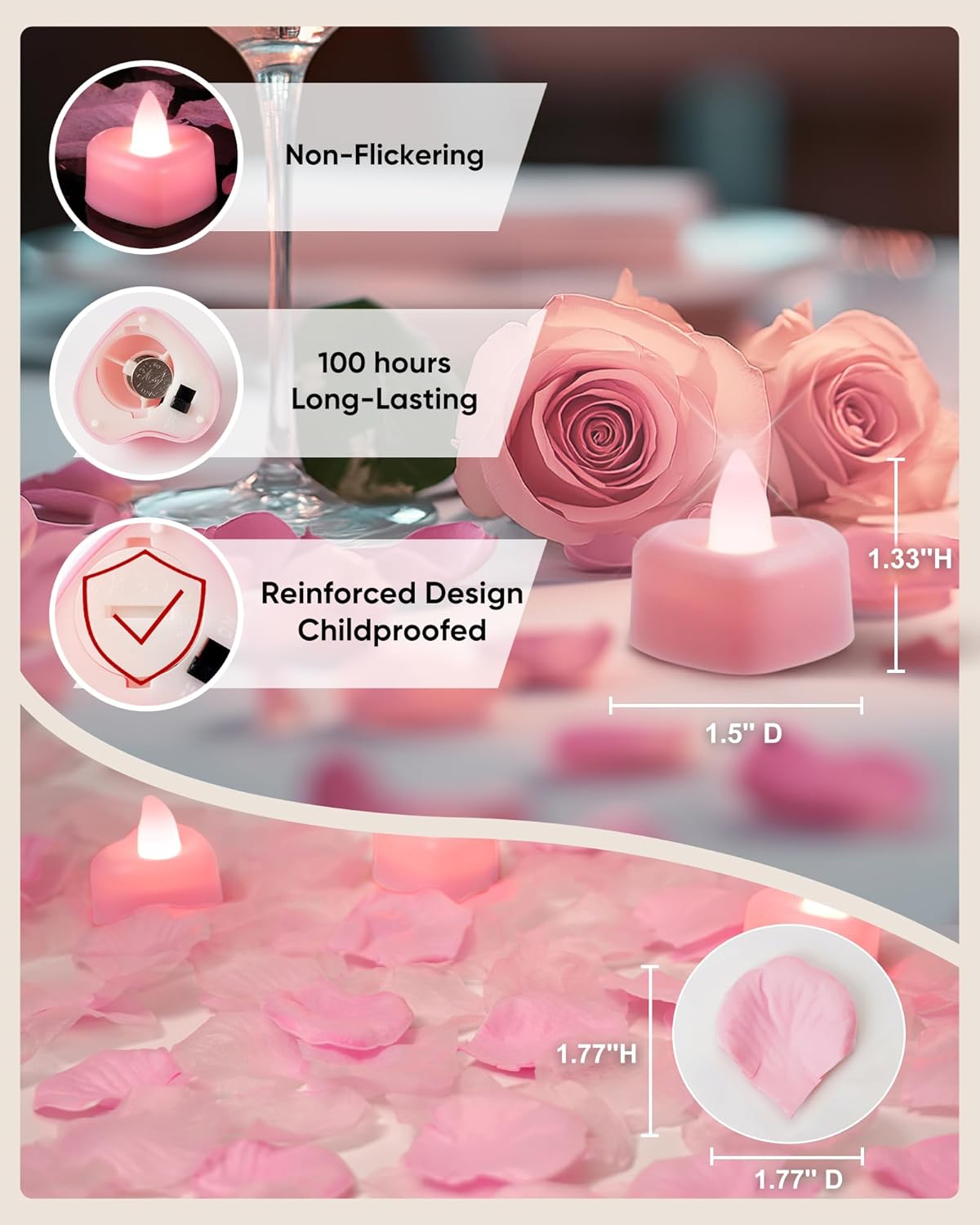 Amagic 2000 Pieces Pink Artificial Rose Petals with 24 Pink Heart LED Tea Lights, Rose Petals and Candles Set for Proposal, Anniversary, Romantic Night, Wedding Decor
