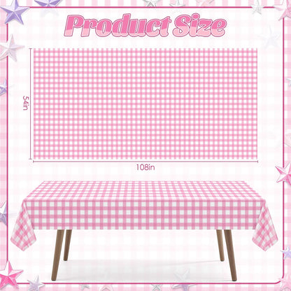 2 Pack Pink Striped Gingham Tablecloths, 54 x 108 Inch Disposable Plastic Rectangle Table Covers, Waterproof Pink and White Checkered Pink Table Cloths for Picnic, Birthday, Party, Outdoor Events