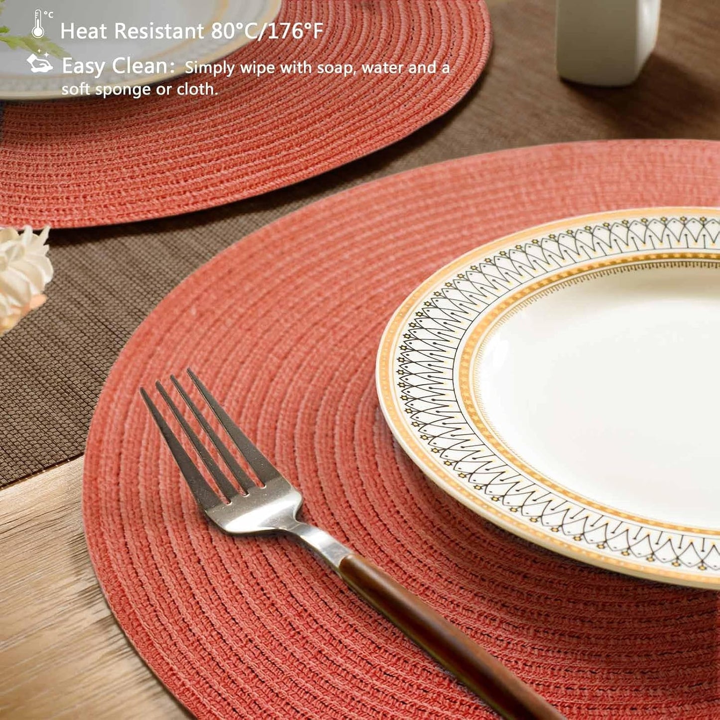 FunWheat Round Braided Placemats Set of 6 Place mats for Dining Tables Woven Heat Resistant Table Mats 15 inch (Dark Orange)